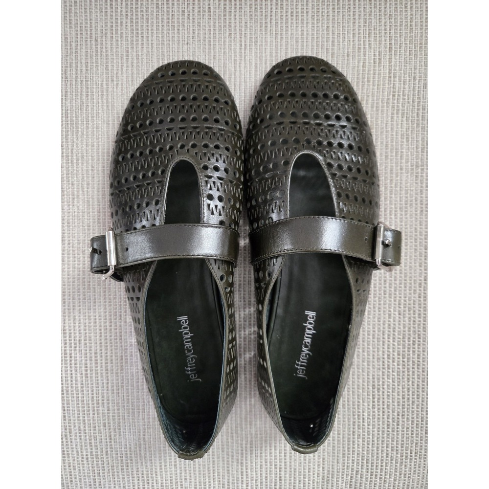 Jeffrey Campbell Mary Jane Shelly Perforated Flats Leather Olive Green EUC Sz 8
